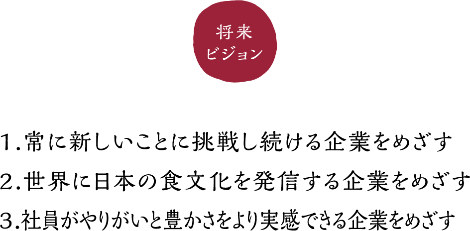 将来ビジョン：１．常に新しいことに挑戦し続ける企業をめざす２．世界に日本の食文化を発信する企業をめざす３．社員がやりがいと豊かさをより実感できる企業をめざす